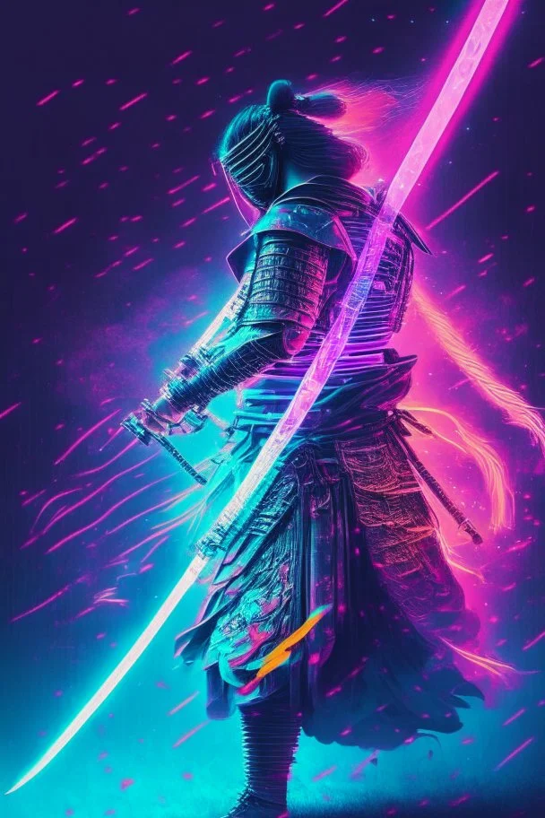 Mystical samurai emitting an aura with a long, neon sword emitting an aura