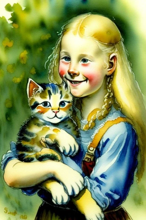 A cute smiling scandinavian girl is holding a kitten. Watercolour