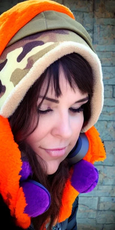 Brunette taking selfie.thick thighs,thick calves,flat belly,curvy fell. big head. Mantle is sewed of upcycled Denim and sewed together of camouflage pieces. Pieces' color are orange, cream and purple. It is with big bright purple felt tippet and birght-colored-hood is merged with colorful beanie. Big colored headphones (gold rings!) is merged with small felt cap with small visor. Style: Haute Couture in 1950's Africa, N.Y.C fashion in 2023