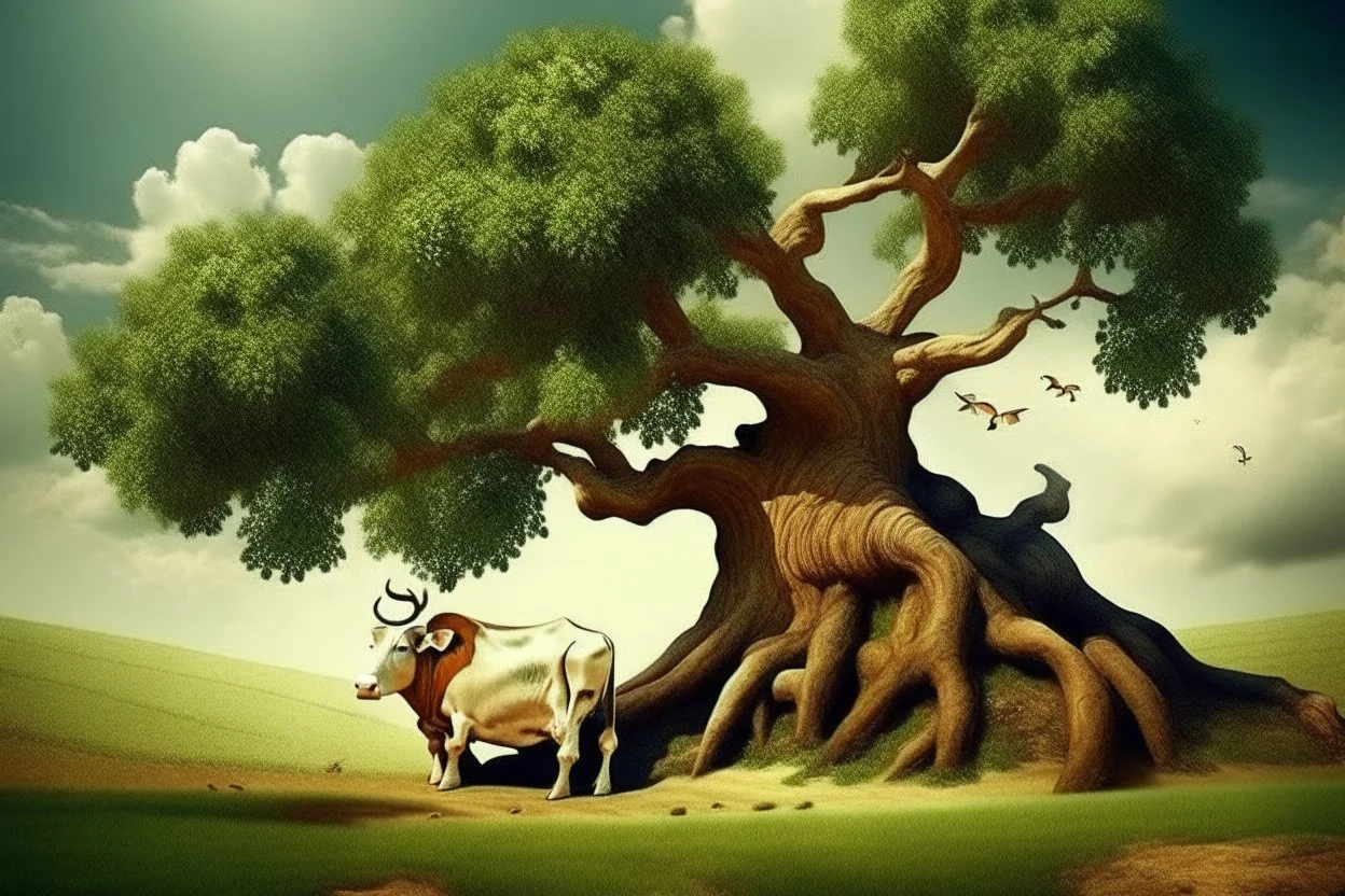 cow stuck in a tree surrealist style