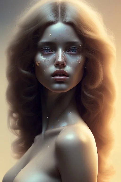 70s porno model , cute, beautiful, angelic face with minimal blemishes, long flowing hair, wavy hair, curly hair، black eyes, head and shoulders portrait, cinematic, 8k, resolution concept art portrait by Greg Rutkowski, Artgerm, WLOP, Alphonse Mucha dynamic lighting hyperdetailed intricately detailed