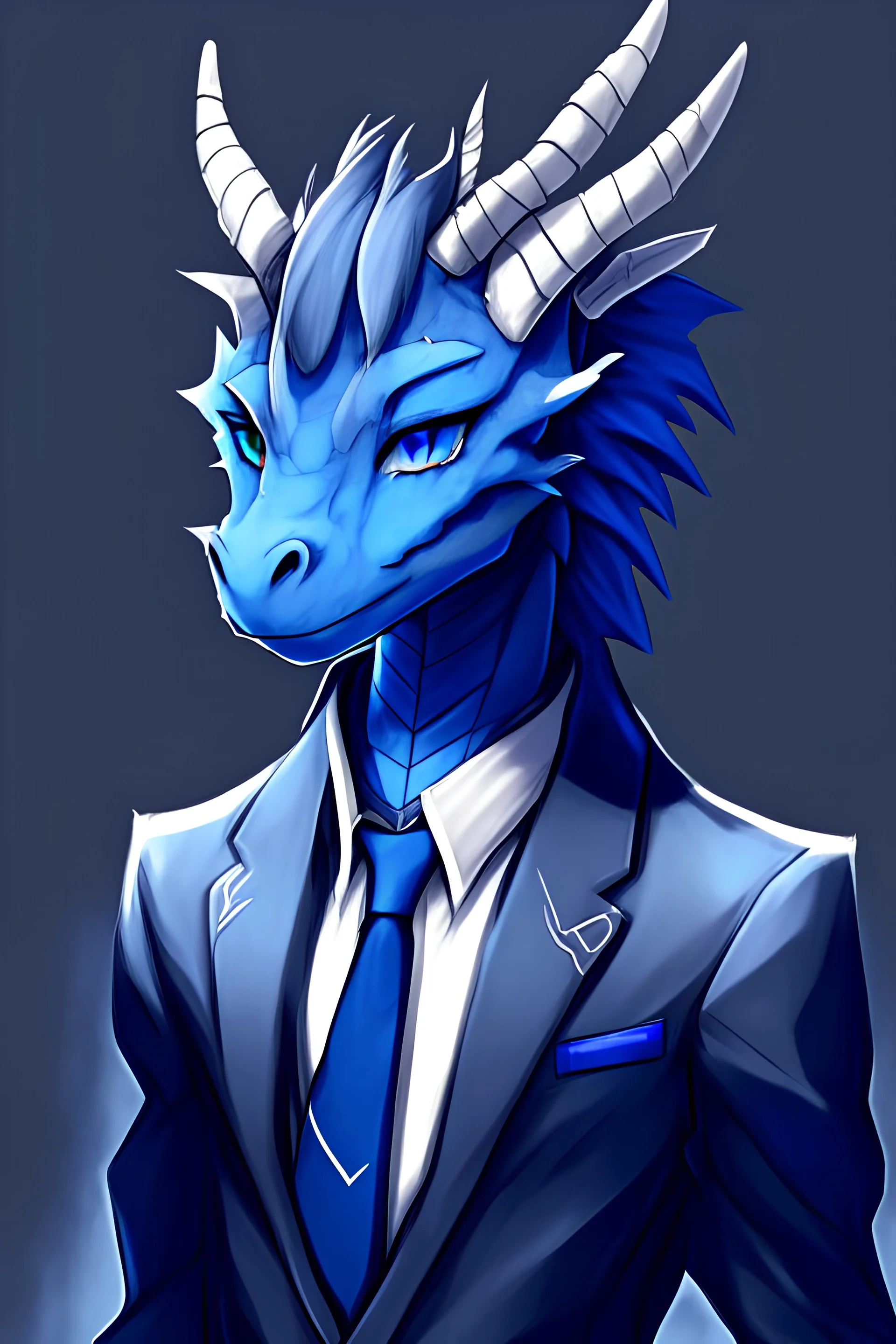 adolescent midnight blue humanoid dragon, bright blue eyes, slate grey and silver horns, confident, soft features, in a suit. kemono style
