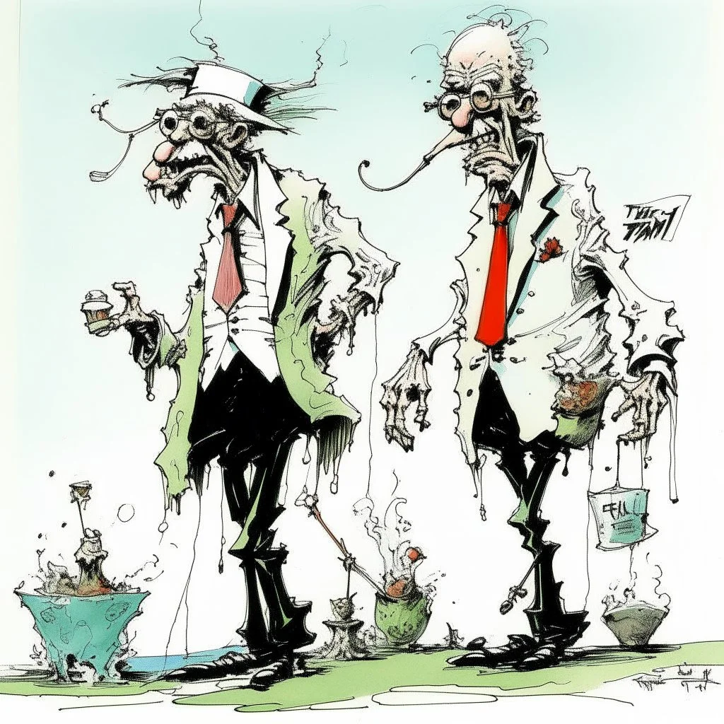 British numpties, style by Ralph Steadman, surreal