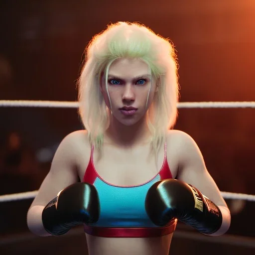 Cyberpunk blonde girl boxing in the ring unreal 5, octane render,cinema4d, dynamic lighting, 8k, redshift render, highly, hyperrealism ultra detailed, hyper realistic.