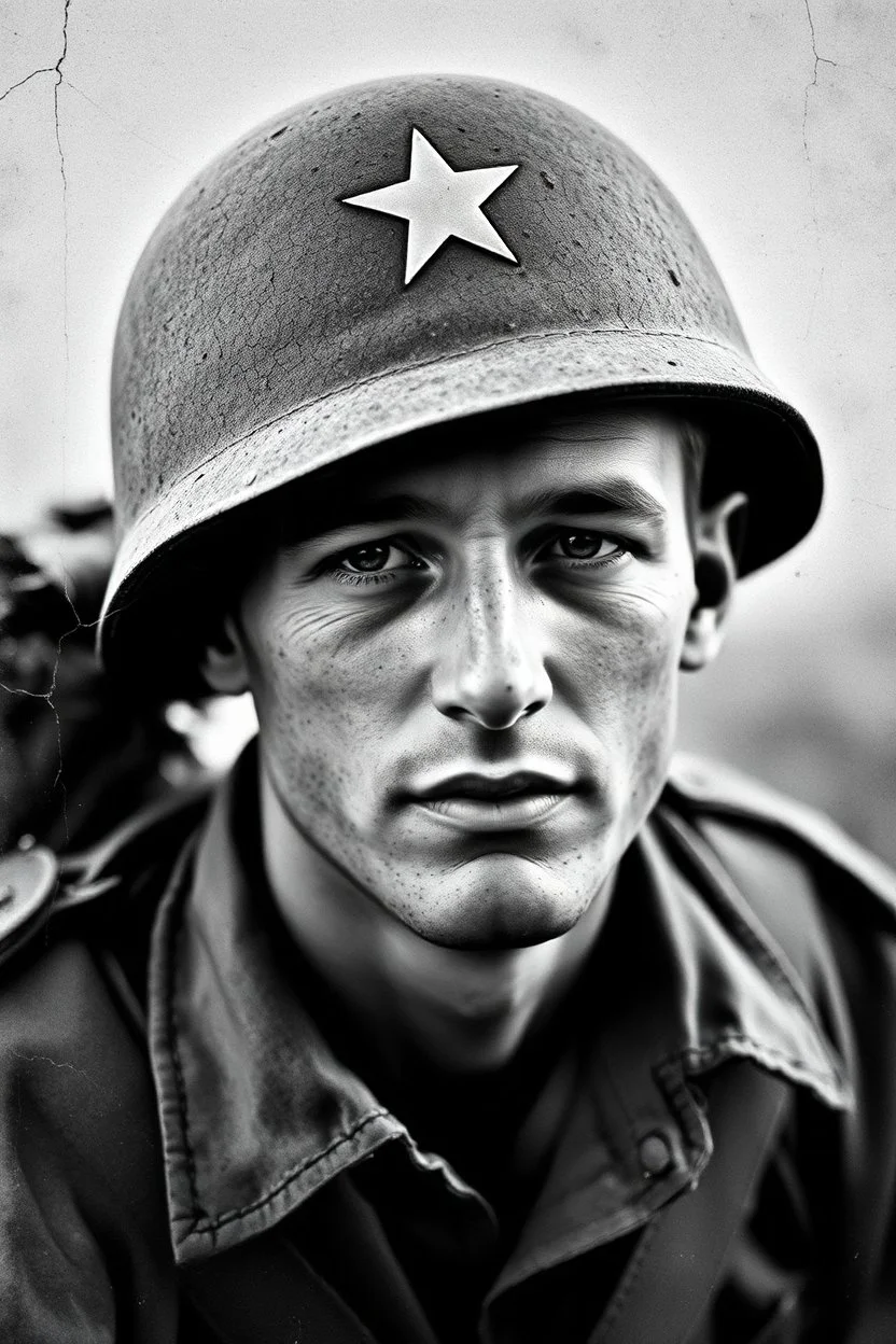 real Photo of an American soldier from the World War II, realistic, old photo, cracks, black and white