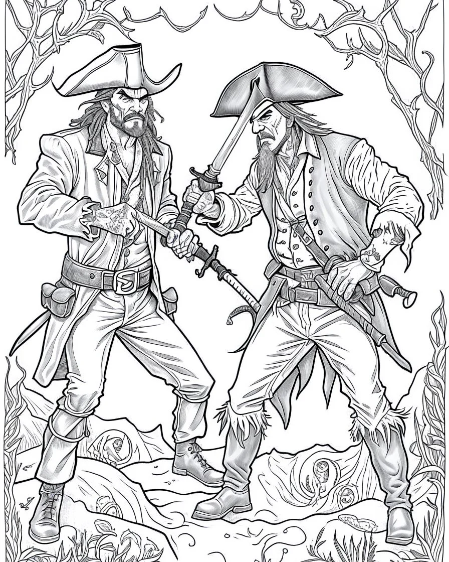 Pirates of the Caribbean: Dueling Pirates Coloring Challenge: Create an action-packed coloring page inspired by the Pirates of the Caribbean movie, featuring a dramatic scene with two pirates engaged in a thrilling sword duel. Capture the intensity of the battle with dynamic poses and expressions, providing ample space for young artists to color the characters and their surroundings in black and white. This coloring challenge invites kids to infuse their creativity into the high-stakes world of