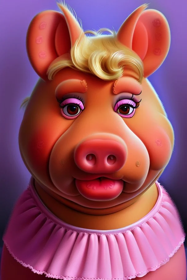 Miss piggy portrait painted photorealism, modern over exaggerated, burlesque, absurdist high brow art, in the style of 90s , jim hensen , puppet portrait, surreal pop art, uncanny, smooth