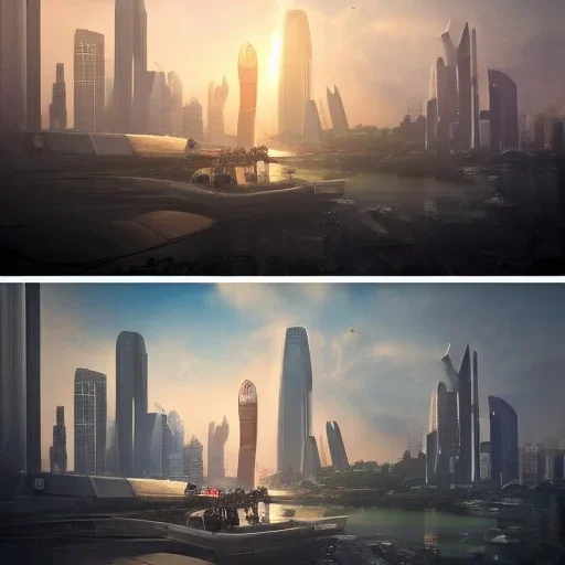 Singapore's iconic skyline in star wars, 8k resolution concept art portrait by Greg Rutkowski, Artgerm, WLOP, Alphonse Mucha dynamic lighting hyperdetailed intricately detailed Splash art trending on Artstation triadic colors Unreal Engine 5 volumetric lighting, photorealistic