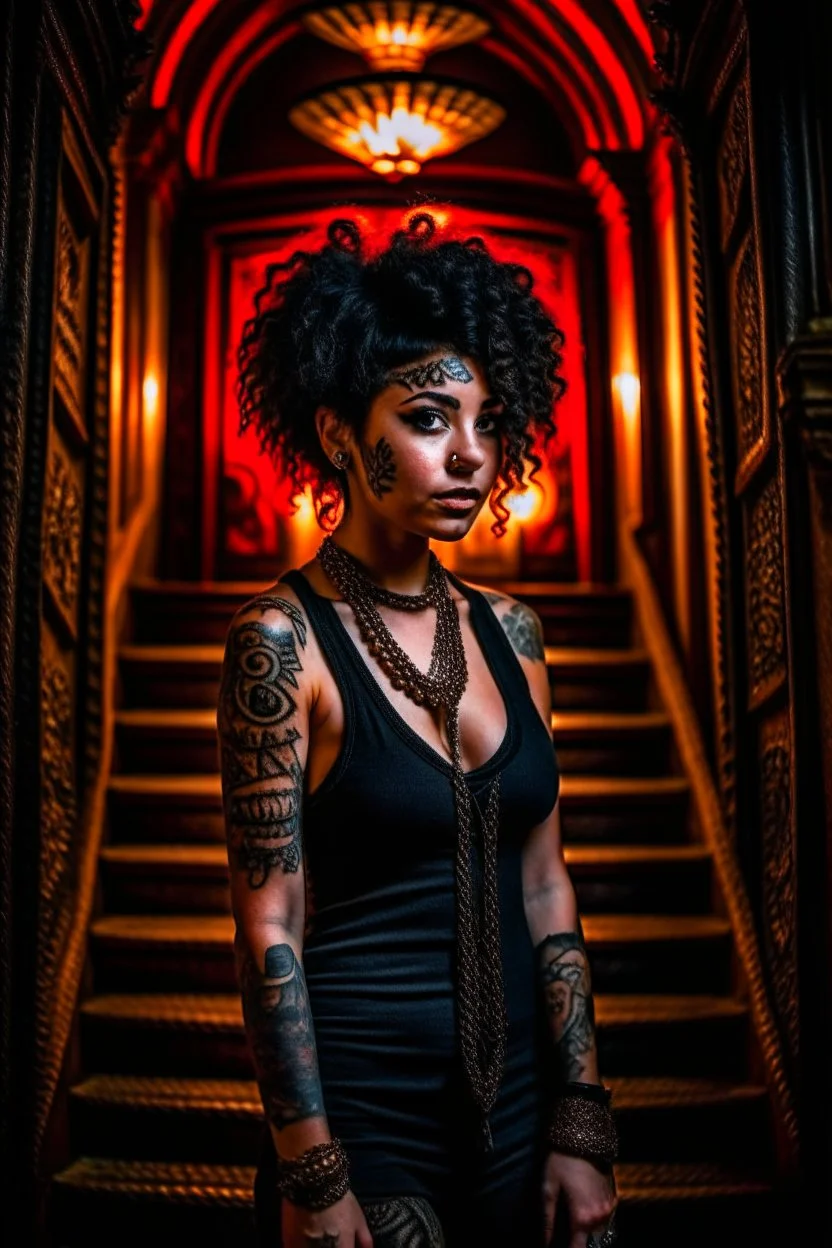 scarred cyberpunk vampire girl with tribal tattoos short curly dark cyberpunk hair descending the staircase in decaying dark mansion on fire