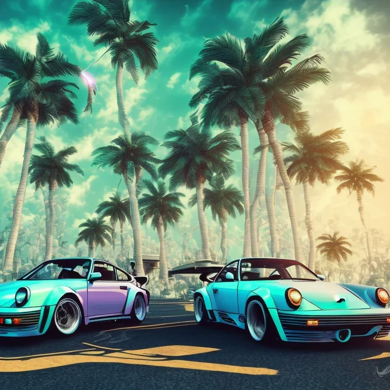 1980's aesthetic vaporwave palm trees and spheres and Porsche with lightning