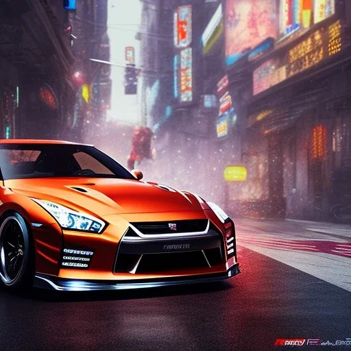 Nissan GT-R, red, orange, yellow, green, blue, purple, masterpiece, expert, 8K, hyperrealism, sharp focus, cinematic lighting, cyberpunk, cityscape