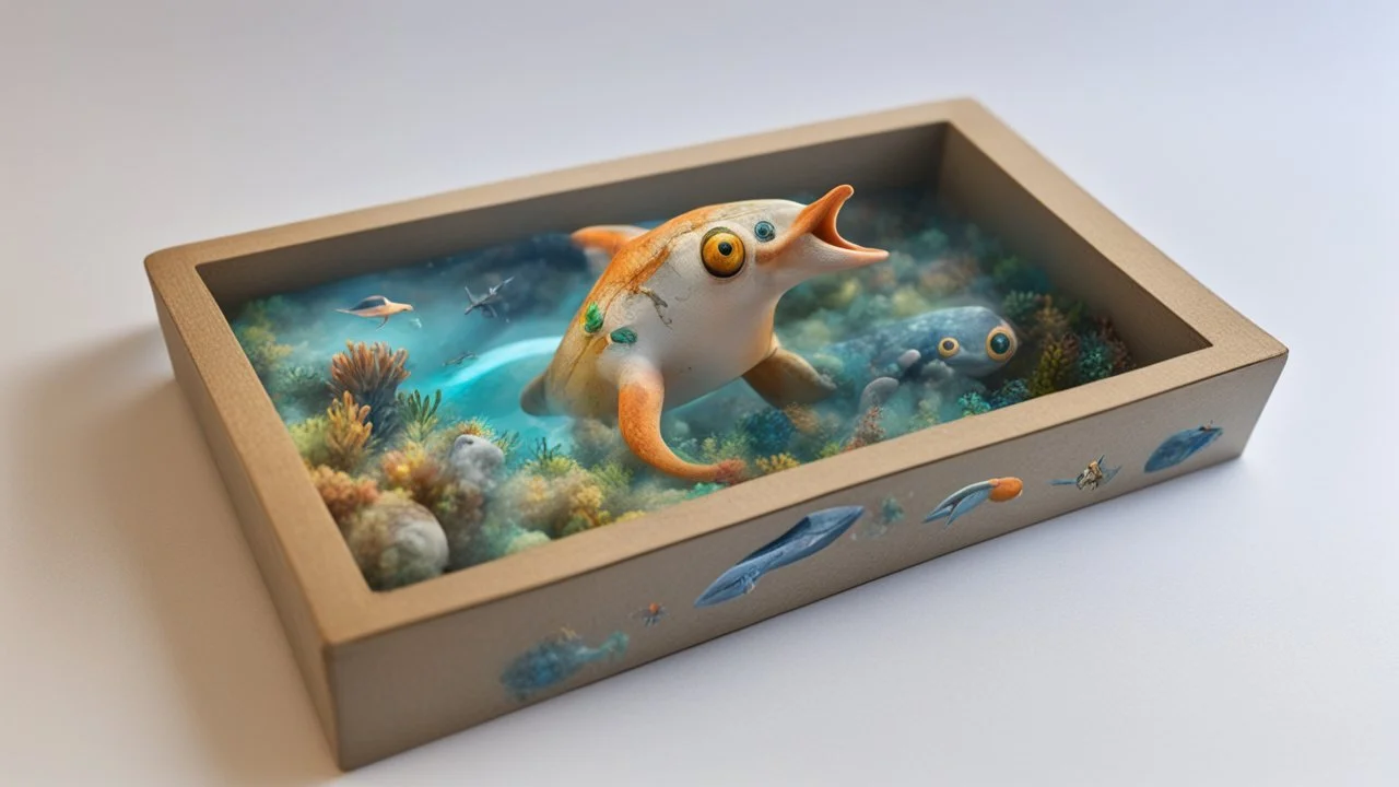 a box 10 cm long by 5 cm wide and 25 cm high, with drawings of animals from Subnautica