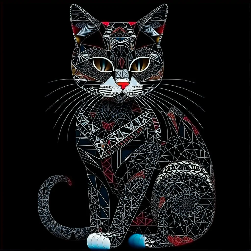 Art illustration lineal art gato calicó calidad ultra, hiperdetallado, 12k, fondo negro, color blanco, rojo, negro y marrón full body