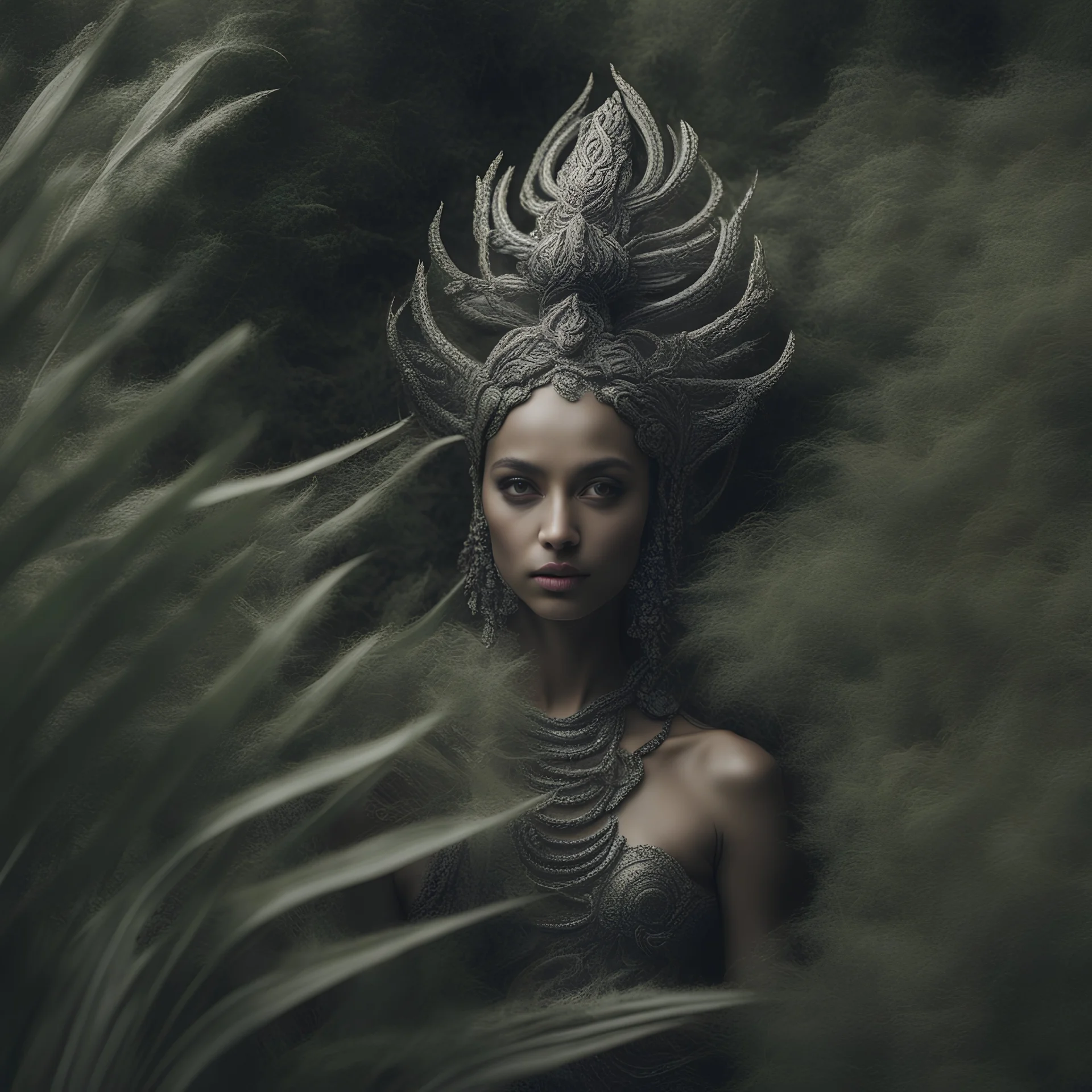 a photo of futuristic shiva, haute couture, fields of form of plants