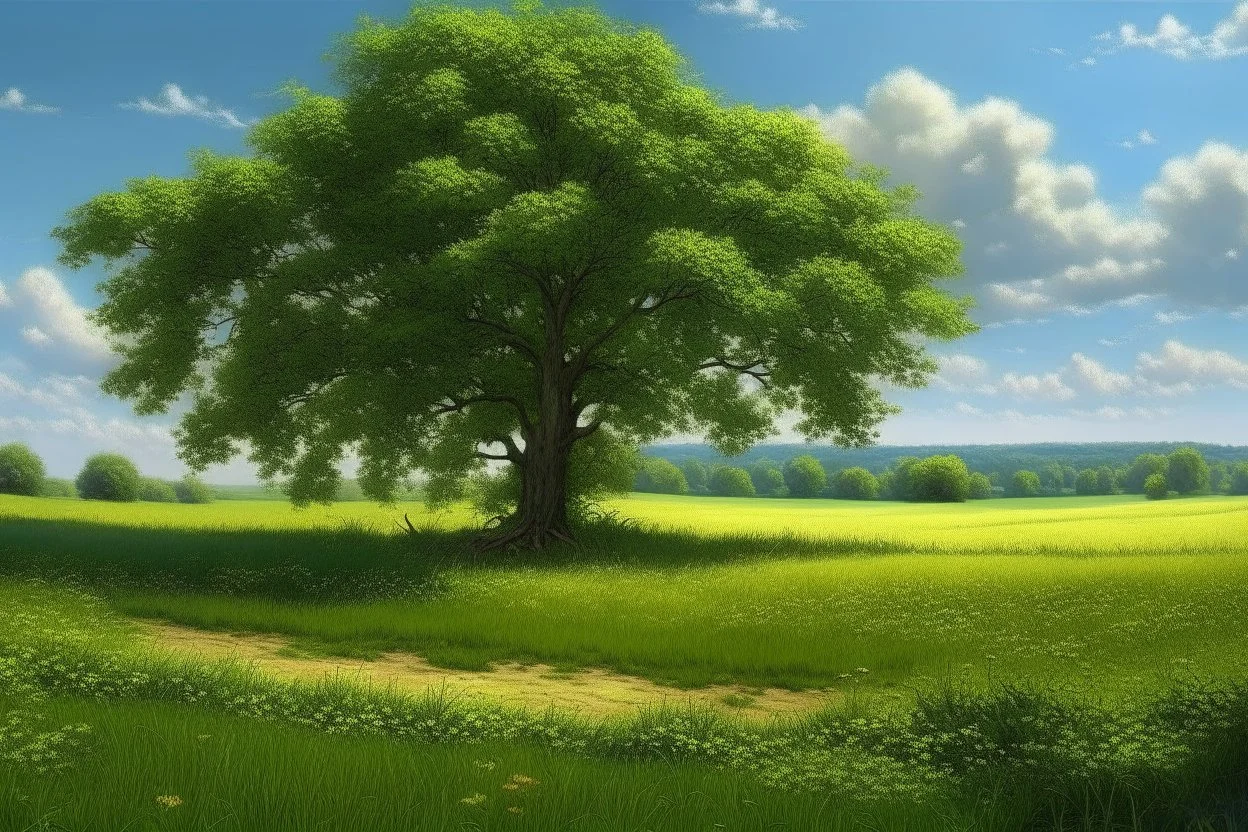 ultra photo realistic tree in meadow english countryside from a distance scenery painting