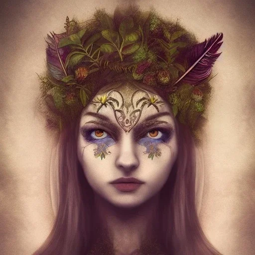 Portrait of beautiful girl, plant, metal, feathers, Dryad, fae, sidhe, ominous, nature, plants, wildflower, facepaint, dnd character portrait, intricate, oil on canvas, masterpiece, expert, insanely detailed, 4k resolution, retroanime style, cute big circular reflective eyes, cinematic smooth, intricate detail , soft smooth lighting, soft pastel colors, painted Renaissance style, 800mm lens