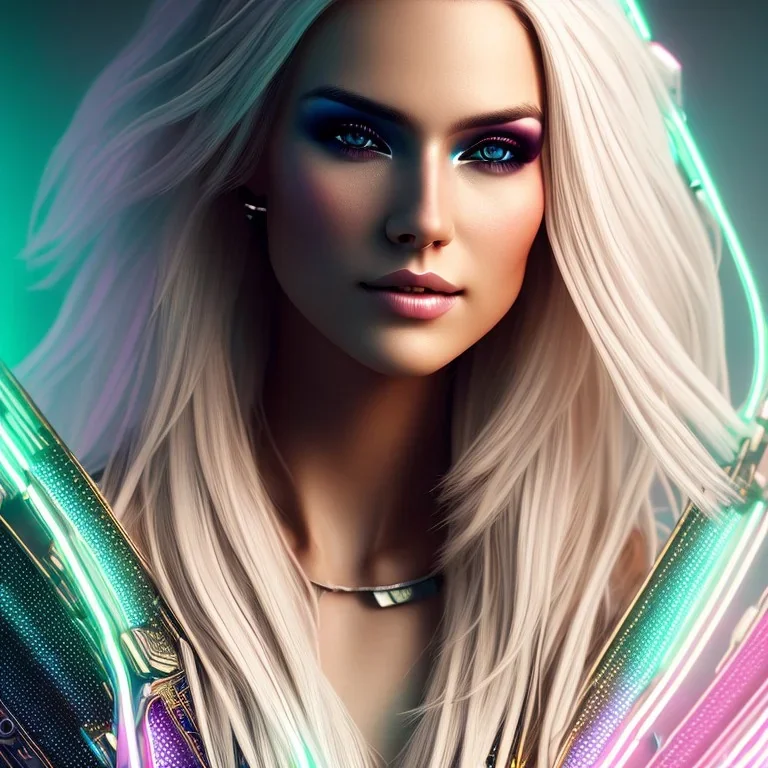 A beautiful portrait of a cute smiling cyberpunk woman, long blond hair, high key lighting, volumetric light high details with white stripes and feathers and pink celtic paterns and luminous glasses in a starry background