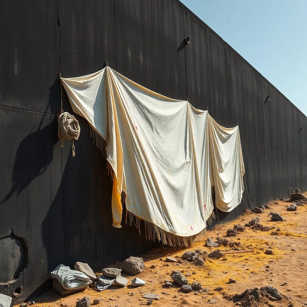 Photograph, fili, alluminio, gibrutalist, rags, daylight, parete rocciosa appoggiata a muro di cemento nero, brutalist, red spots, liquid, open air museum style, molti teli, powder, punto giallo minimalist, details of the dust very accentuated, 8k, deep 3d field