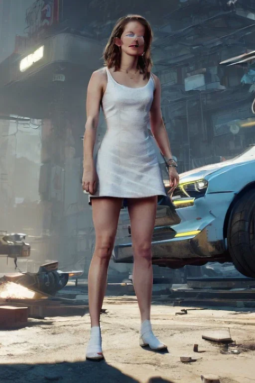 Emma Watson, full-length, in white stockings, cyberpunk 2077, photorealistic illustration, 4k