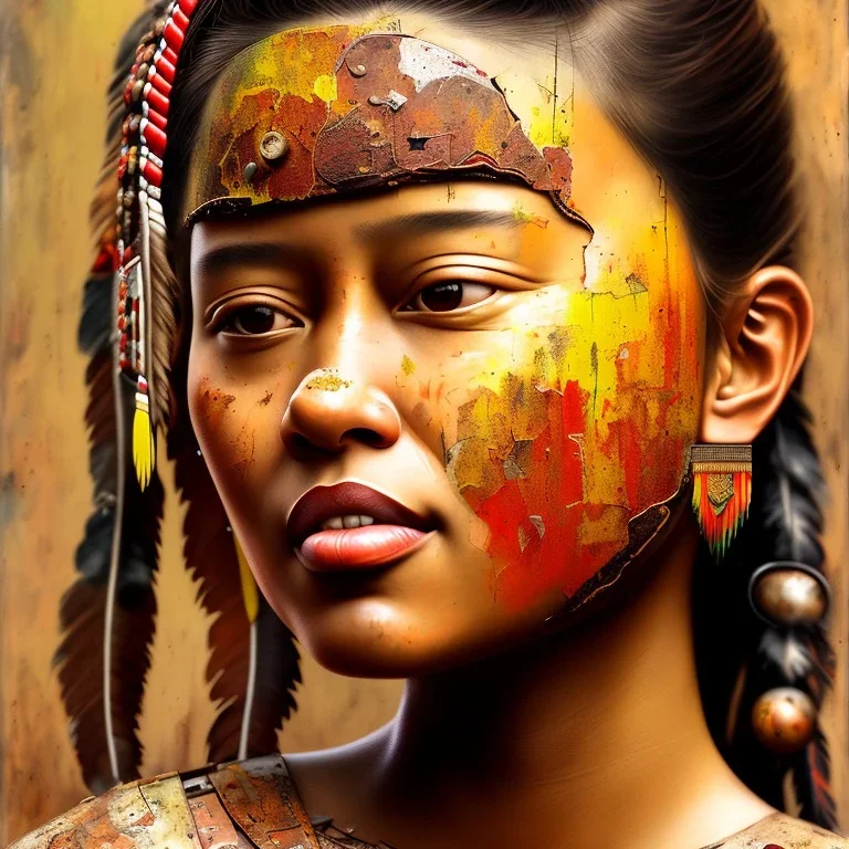 native American portrait, rust, scaffolding, iron cladding, decay, mixed media, dark textured, anatomically correct, beautiful perfect face, sharp focus, highly detailed