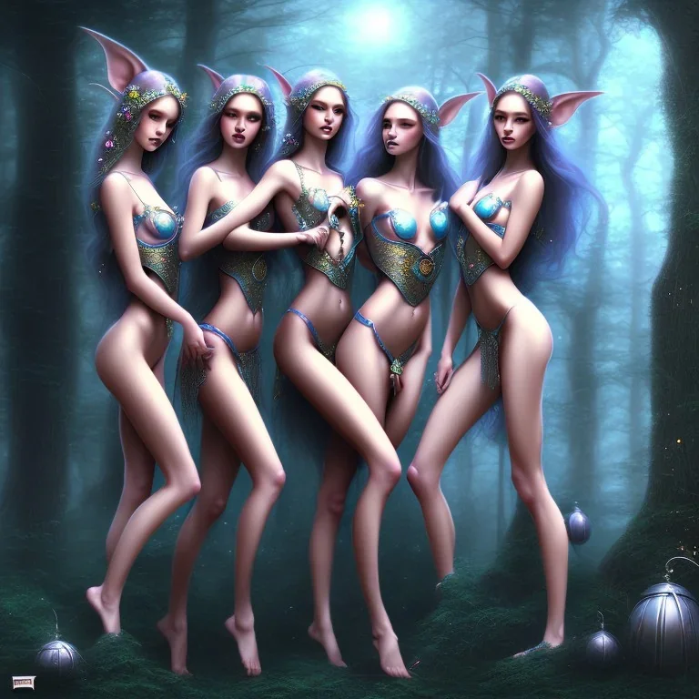 fantasy, three pretty young girls, elves, fairies, sirens, nip, from behind