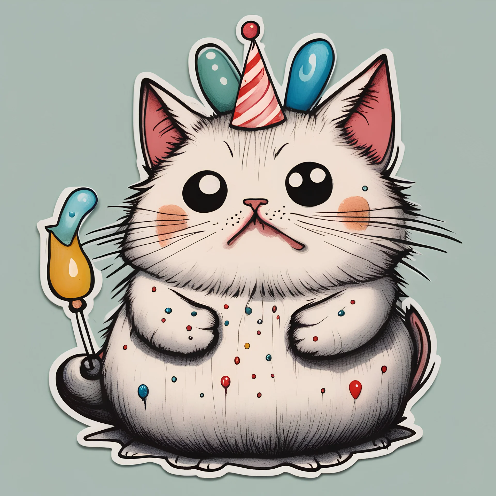 fat pouting fluffy cat celebrating birthday, fine color ink illustration, by Gary Baseman, colorful, adorable, interesting, maximal, make it as a sticker