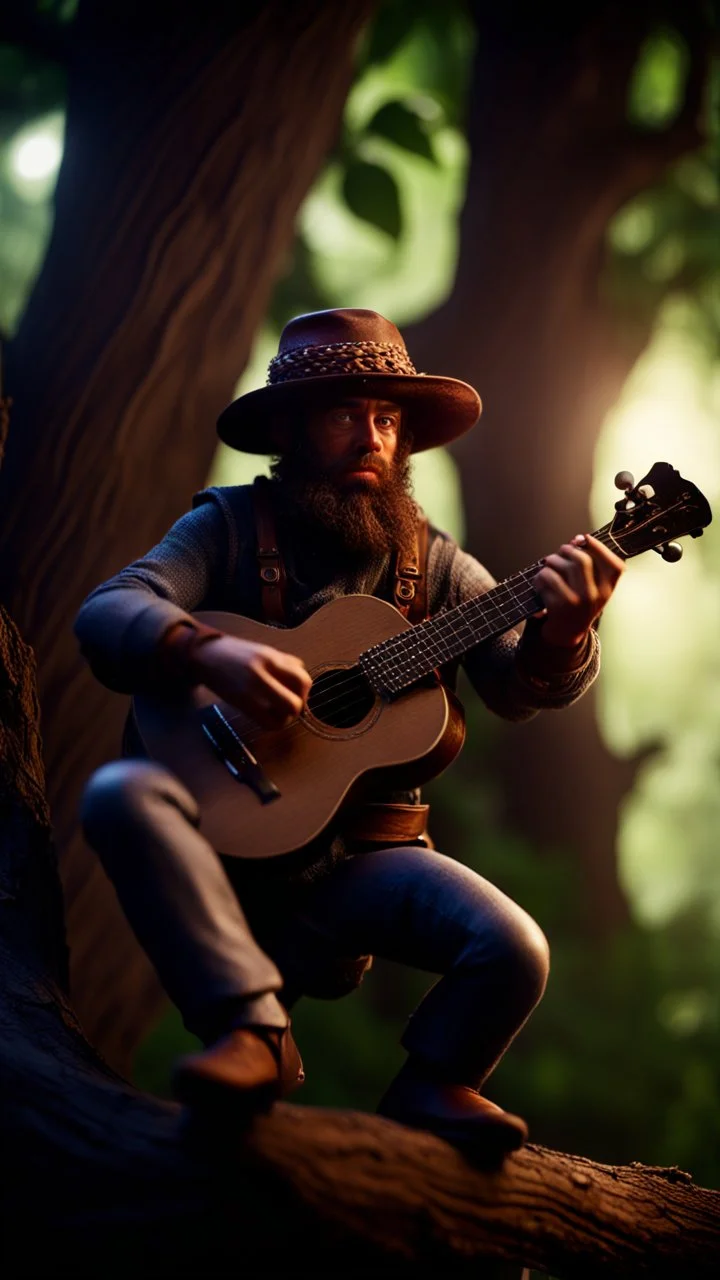 portrait of hairy rock banjo ninja sweet cucumber cowboy living inside a tree house in a hollow huge tree growing light bulbs, singing in the spotlight with smoke coming from below,bokeh like f/0.8, tilt-shift lens 8k, high detail, smooth render, down-light, unreal engine, prize winning