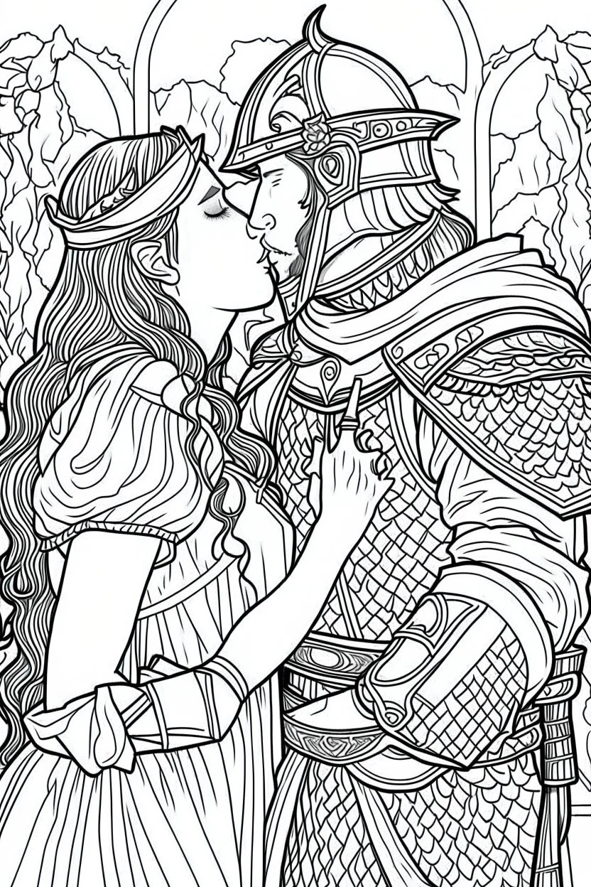 Fantasy coloring page, minimal detail. HD. Woman kissing a male knight with a beard