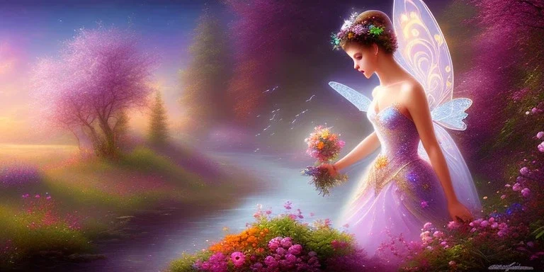 bright fairy, beautiful portrait, flowery landscape