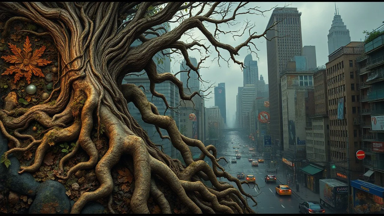 and other natural elements composed of intricate organic shapes, textures, and patterns resembling roots, branches, and other natural elements, set against a chaotic cityscape with an overall composition that has a mysterious quality