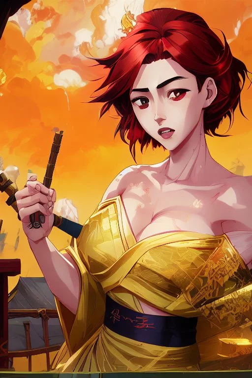 (Asian), short hair, fiery red hair hair, normal hands yukata, yellow clothes, 8k, best quality, winking, very dark night time, lighting from moon yellow moon, perfect, masterpiece, anime style, cartoon style,