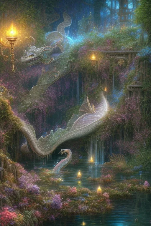 high-quality, fine-detail beautiful, dragon sleeping, flowers, clear reflective lake, tranquil, stunning, 8k resolution, intricate, digital art, detailed matte, volumetric lighting, George Grie, Anne Dittman, Anne Stokes, Lisa Parker, Selina French, Alphonse Mucha