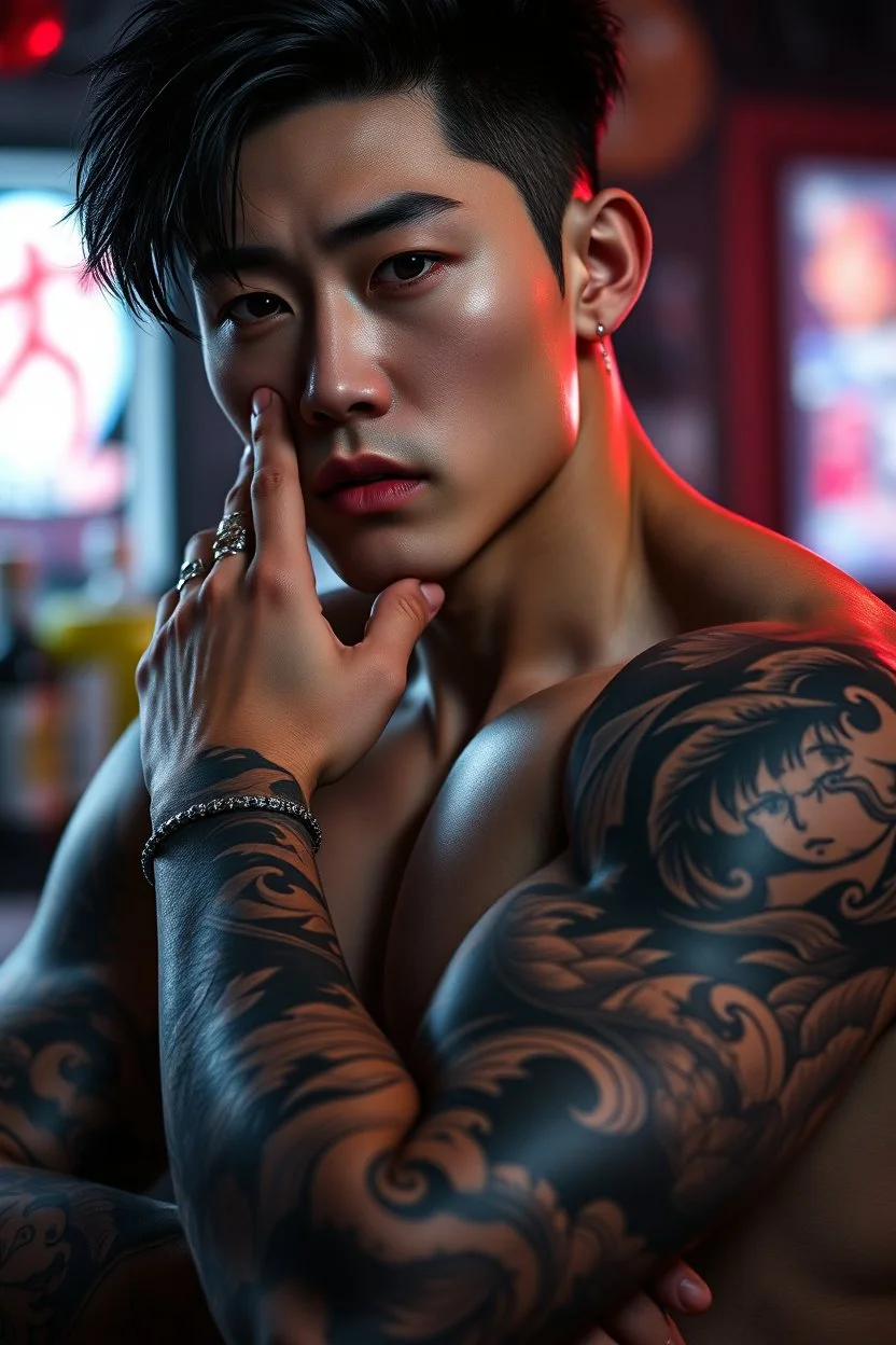 professional photo from attraktive young korean man with elaborate detailed warrior tattooed him arms. The character’s muscular build, some ring jewelry, dark hair, dark asian eyes, young korean man attractive masculine face with realistic skin, no anime face, shadows, pale light, cyber urban bar, blur background