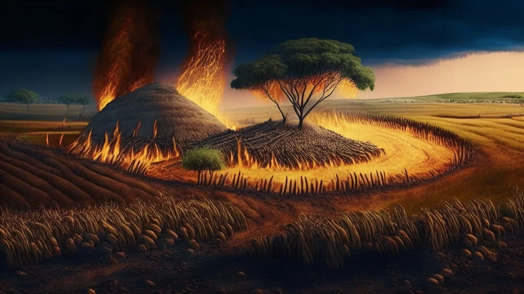 neolithic landscape with agriculture fire on plantation