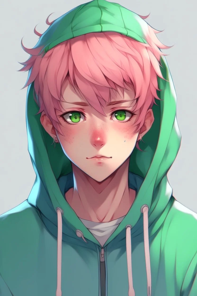 An anime man with messy short pink hair and blue eyes wearing a green hoodie. Realistic.