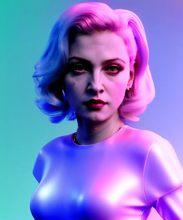 Artist, young madonna, android woman, sweet, blonde, white skin, long eyeliner, purpurin, glossy lips, make-up, color leds lights, cables, short hair, circuits, cyberpunk, latex coat, cyber punk, neon, portrait, studio photo, unreal engine 5, soft color, 16 bit, god lights, ray tracing, RTX, lumen lighting, ultra deatail, volumetric lighting, 3d, finely drawn, hd.