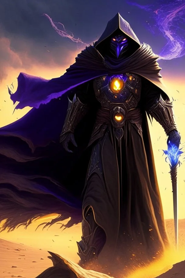 Thanos is the god of power and evil The commander wears a black cloak and a long coat with long combat boots and a long spear with a hat under his cloak with blue flame eyes, a sword like a spear The sun in the palm of a brave man in the middle of the desert A battle iron suit with the ability to fly, made for humans