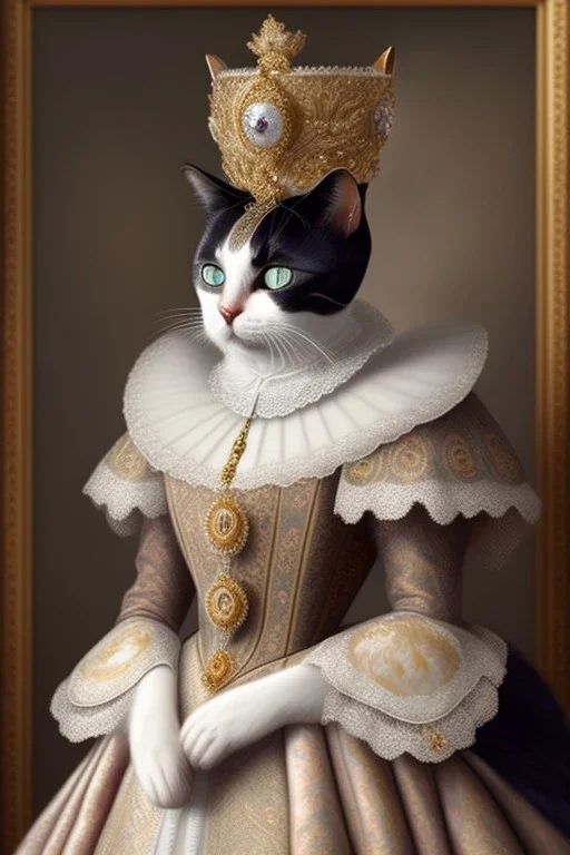 Portrait of a cat which is dressed like empress Elizabeth of Austria. Perfect eyes.