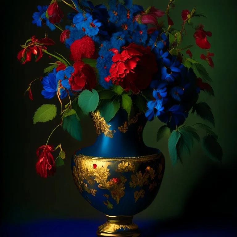 Flowers in midnight blue flowers, red flowers and green leaves in a gold vase. Light background