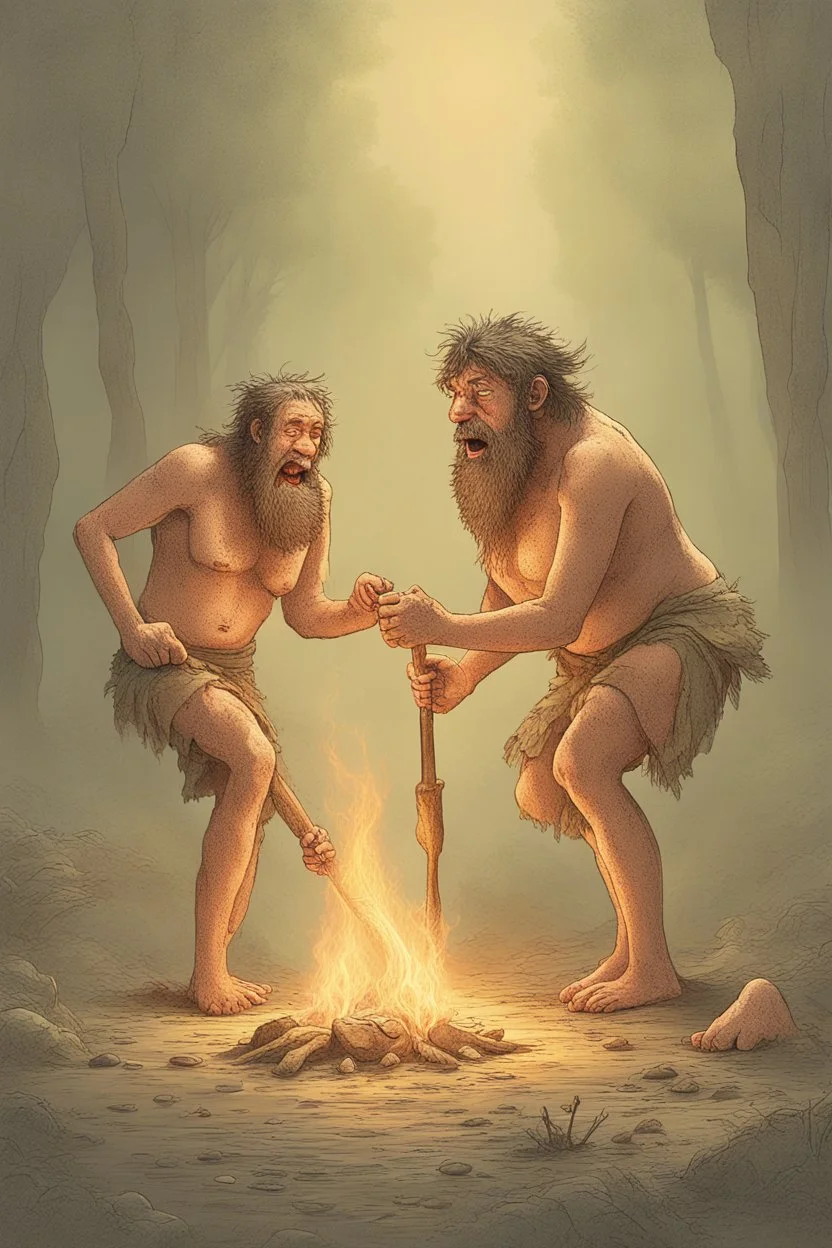 Create an image of two prehistoric human characters in an early Stone Age setting, surrounded by a dusky, misty environment suggestive of early morning. One character is bending over, inadvertently creating a stream of fire from their posterior, a humorous play on the discovery of fire. The other character, standing upright, is holding a primitive tool and laughing heartily at the scene. Both are wearing rough animal fur clothing. The scene is lighthearted, capturing a comedic moment between tw