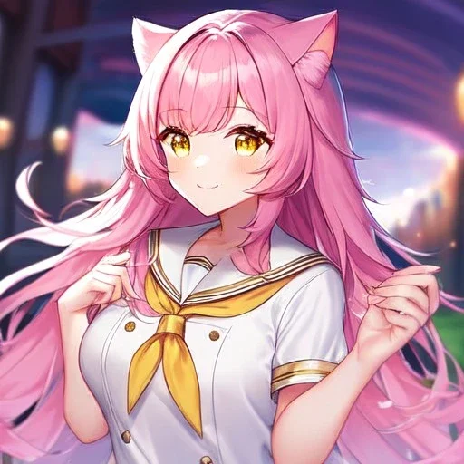 Clear focus,High resolution,High quality, Smiling, Pink long fluffy hair, Pink cat ears, Yellow eyes, Wearing a pink sailor uniform,