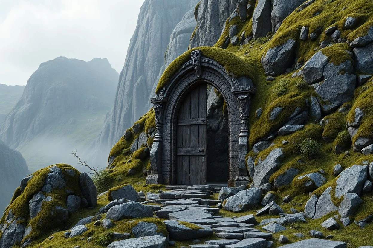 ancient gate in the mountain, 3d model, moss, rocks, dark fantasy