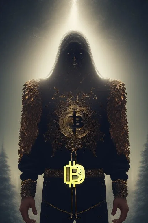 running berserker portrait , no face, black jogging suite , in the night Alps , holding bitcoin , angels background, volumetric gold light, high detail, dark leaf tree, dark mountains in background, perfect