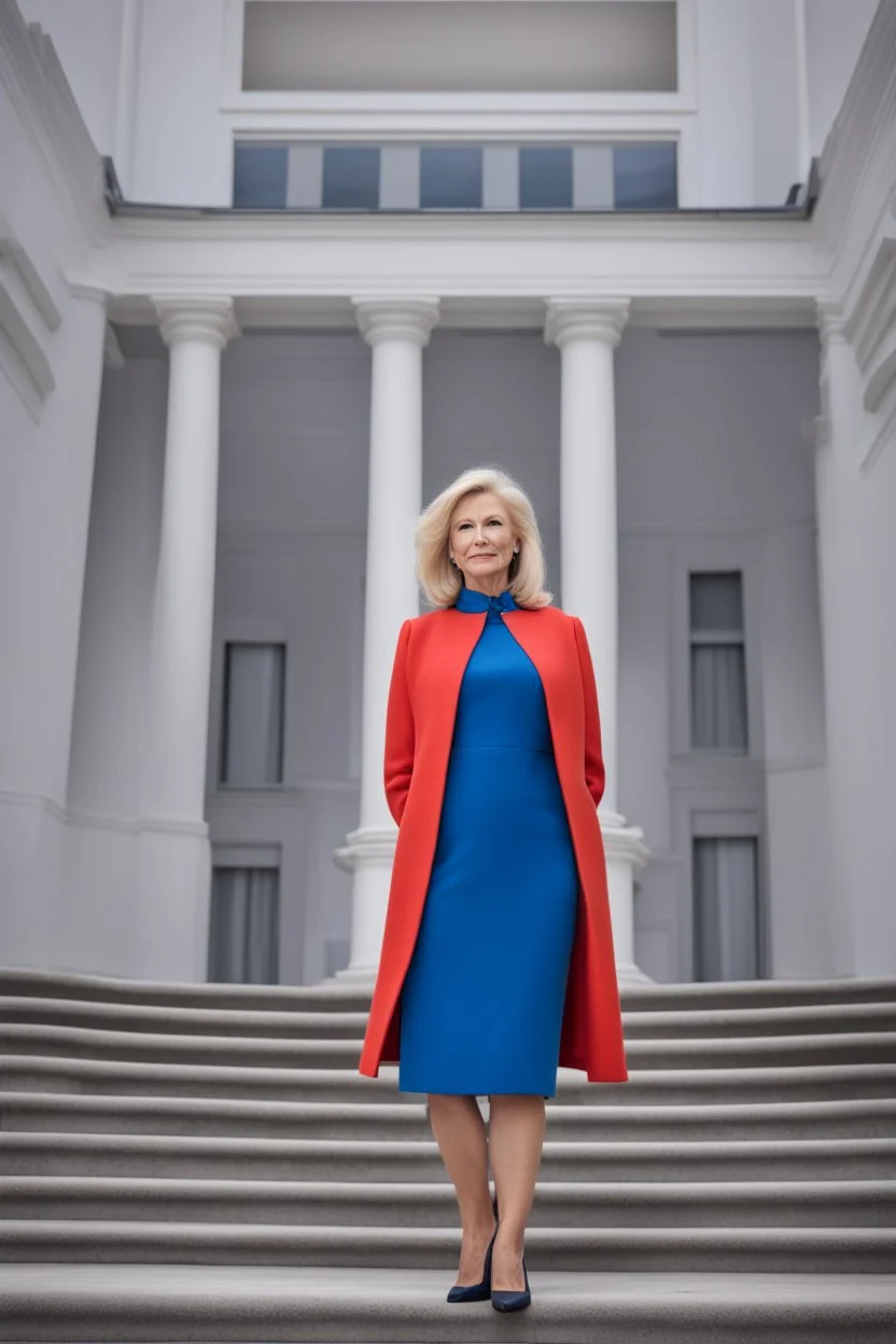 Powerful classical portrait of a modern blonde politician in her late 50s wearing a blue dress standing in a powerful position a little zoomed out