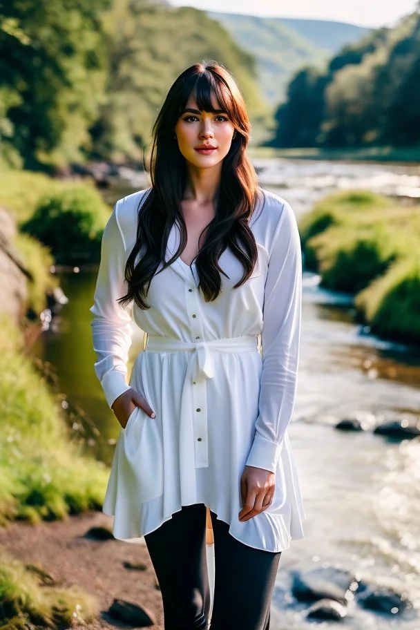 realistic, portrait and full body of a woman standing next to rocky river in country side, beautiful face with nice make up, sunlight, cinematic light, bangs, a beautiful woman, beautiful eyes, brown curved hair, perfect anatomy, very cute, princess eyes , (blue eyes) , nice sport shoes ,Centered image, stylized, life size,8k Resolution, low-cut dress with small blue details, human hands, wonder full, elegant, approaching perfection, dynamic, highly detailed, character sheet,