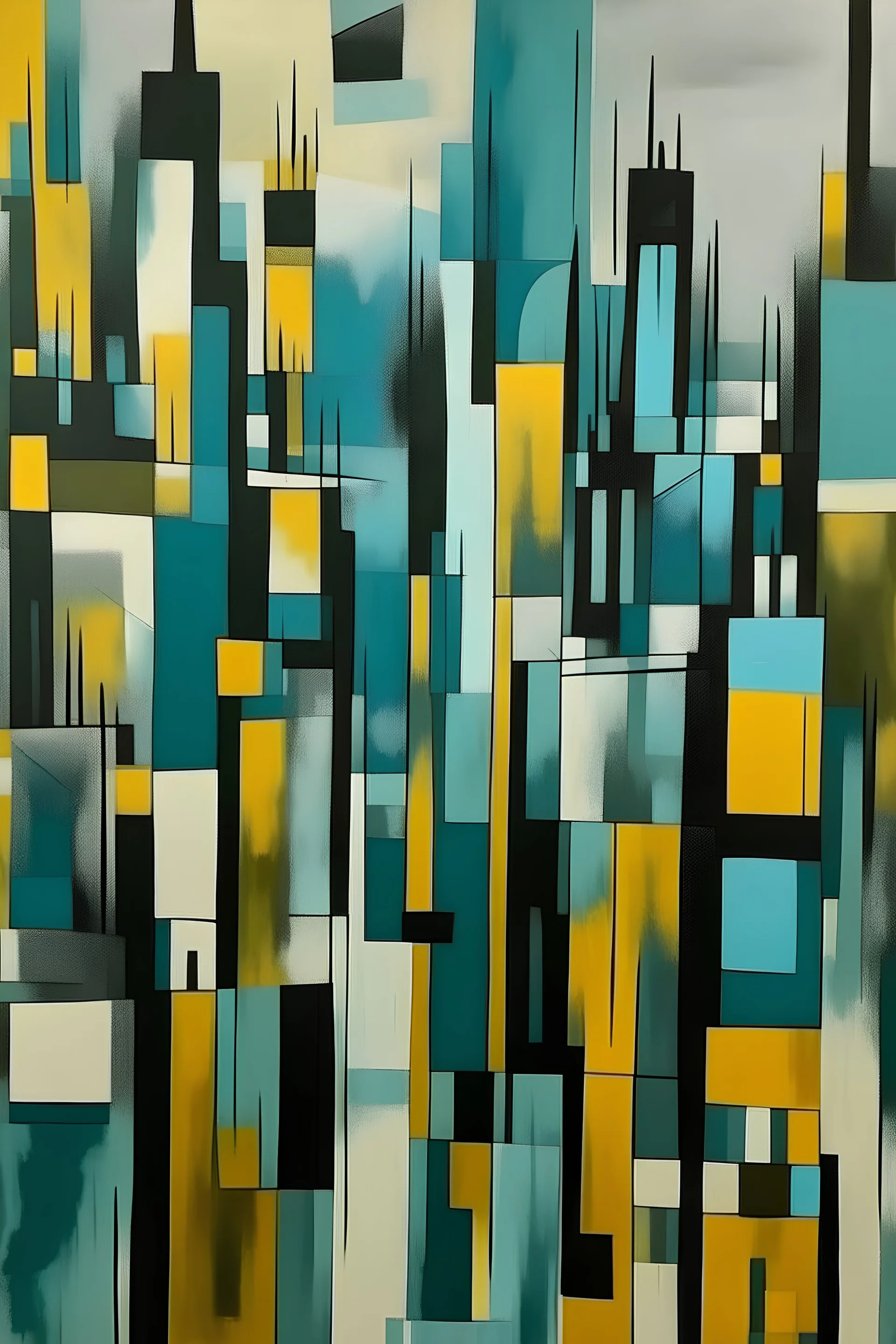 "Craft a mural inspired by Cubism, depicting cityscapes with fragmented forms. Use a palette of urban hues, blending charcoal gray, mustard yellow, and muted teal for a contemporary aesthetic