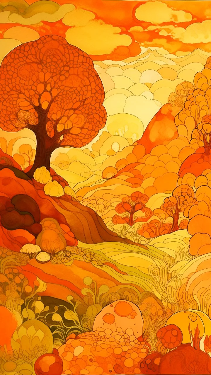 A light rosy orange colored land made out of food designed in cave paintings painted by Paul Ranson