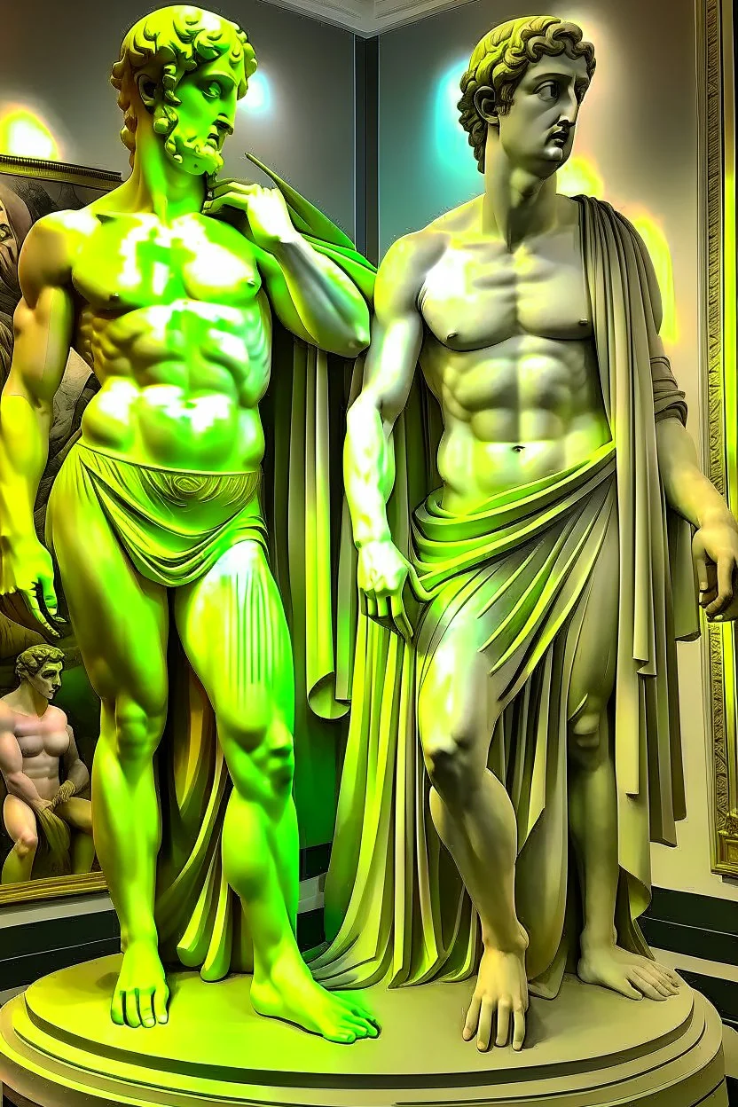 in a modern art display, two famous statues are next to each other, one is David and the other is the Discobulus statue. The discobulus hand covers the private part of David, they both look disgusted at each other