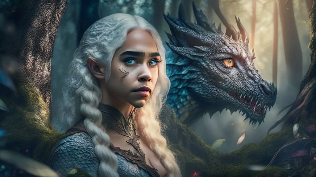 whole body image of beautiful Daenerys Targaryen in a mystical enchanted forest standing next to a dragon, HD 8K, sharp detail, hyperrealistic photo accurate face and features, cinematic lighting