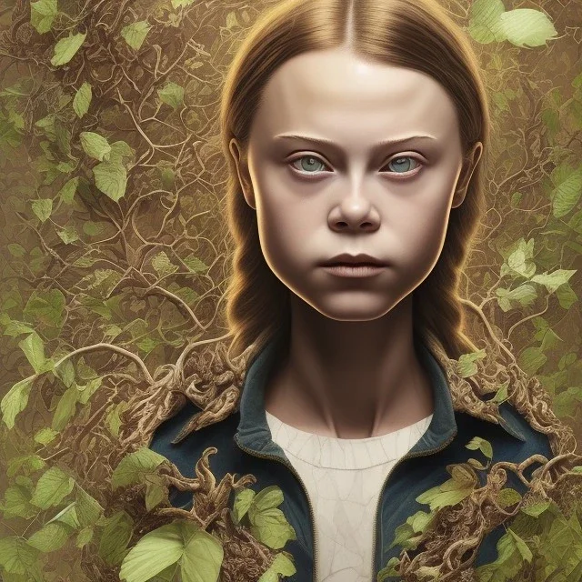  Greta Thunberg portrait olumetric leaves and gnarled branches environment and background, close-up full face portrait young girl, tattoo of leaves and gnarled branches extending past face and morphing into reality, 8k, high quality, anime, detailed eyes, intricate, digital art, detailed matte, volumetric lighting, illustration, octane render art, small minutiae, tiny features, particulars, hires, 8k, uhd, realistic shaded volumetric lighting, ambient occlusion, backlight, volumetric clouds, exa